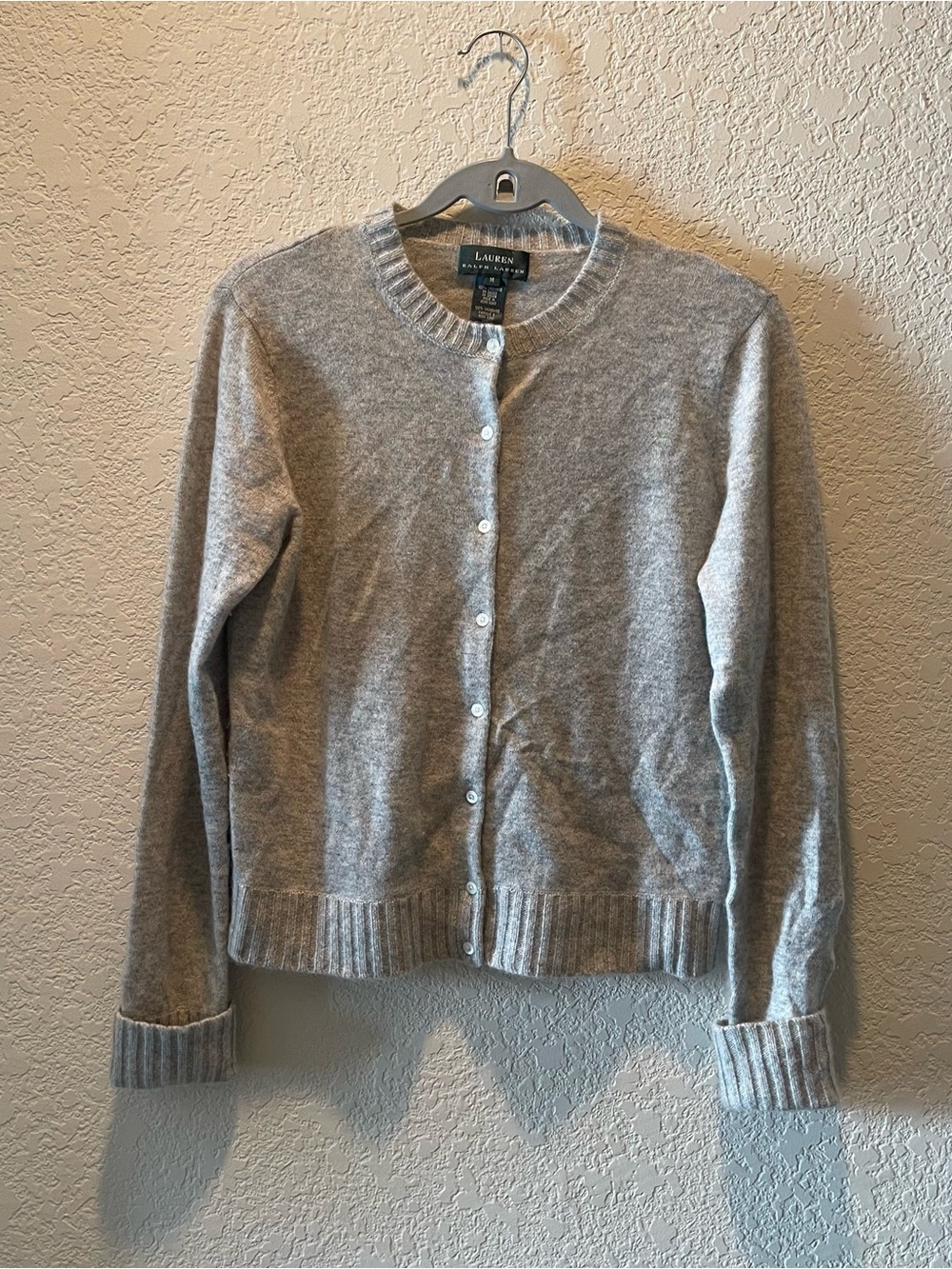 Lauren Ralph Lauren women 100% cashmere light grey button front cardigan, M